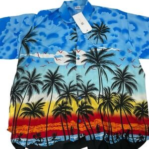 Happy Bay Men's Shirt Button Down Tropical Sunset Blue Multi-Color XL